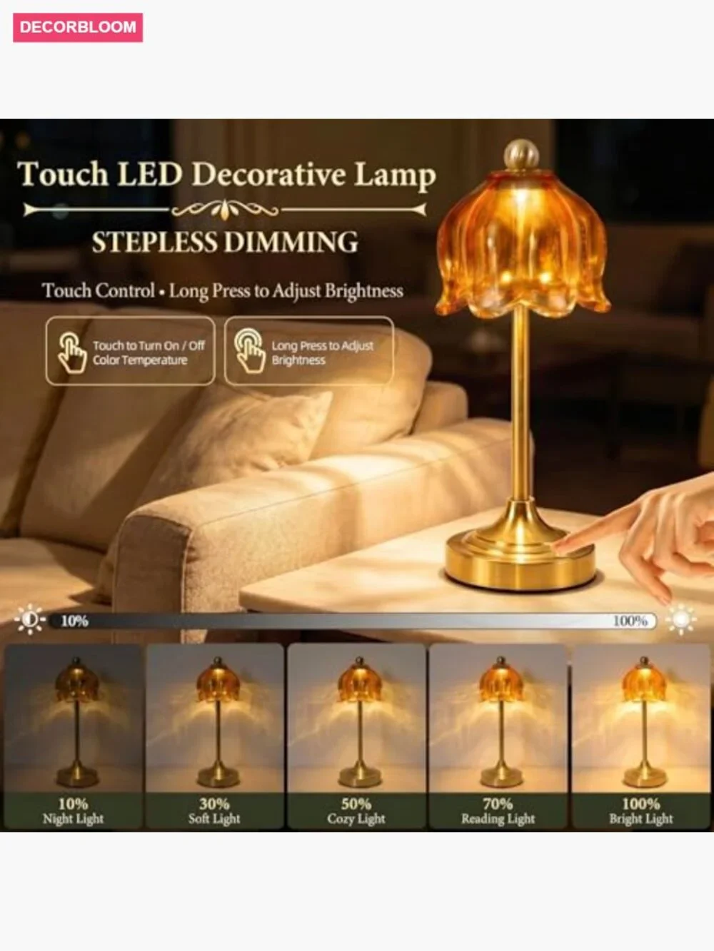 Vintage Tulip Glass Table Lamp Set of 2 Cordless LED Touch Dimmable Accent Light